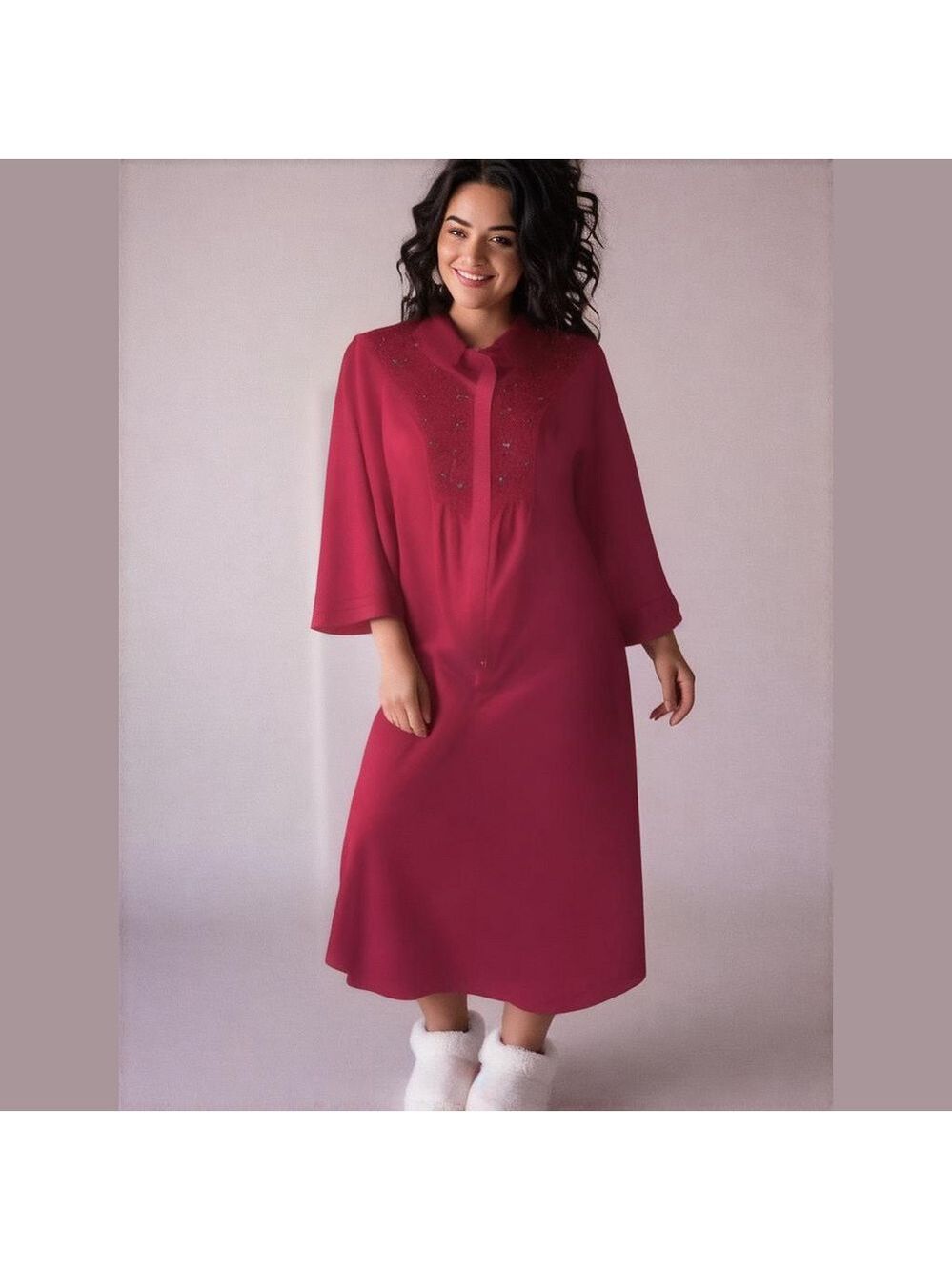 Vintage Vanity Fair Red Embroidered Long Sleeve House Dress